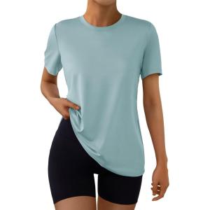 AUTOMET Women’s Workout Tops Short Sleeve Gym Shirts Summer Athletic Yoga Tshirts Loose Fit Casual Clothes 2025(Lakeblue)
