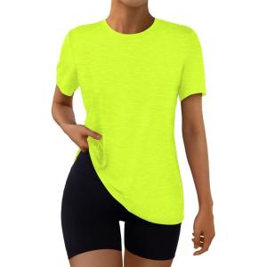 AUTOMET Women’s Workout Tops Short Sleeve Gym Shirts Summer Athletic Yoga Tshirts Loose Fit Casual Clothes 2025(Neongreen)