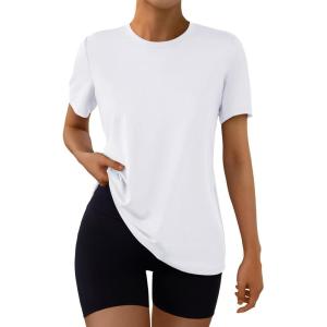 AUTOMET Women’s Workout Tops Short Sleeve Gym Shirts Summer Athletic Yoga Tshirts Loose Fit Casual Clothes 2025(White)