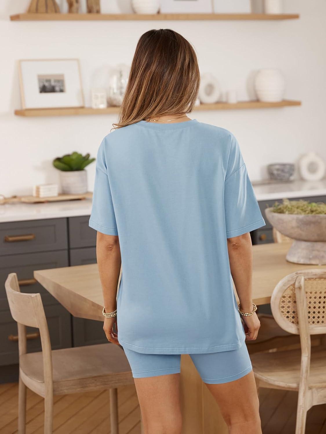 imageAUTOMET Womens 2 Piece Sets Summer Outfits 2025 Two Piece Lounge Set Matching Clothing Oversized Tshirts Biker Short FashionGreyblue