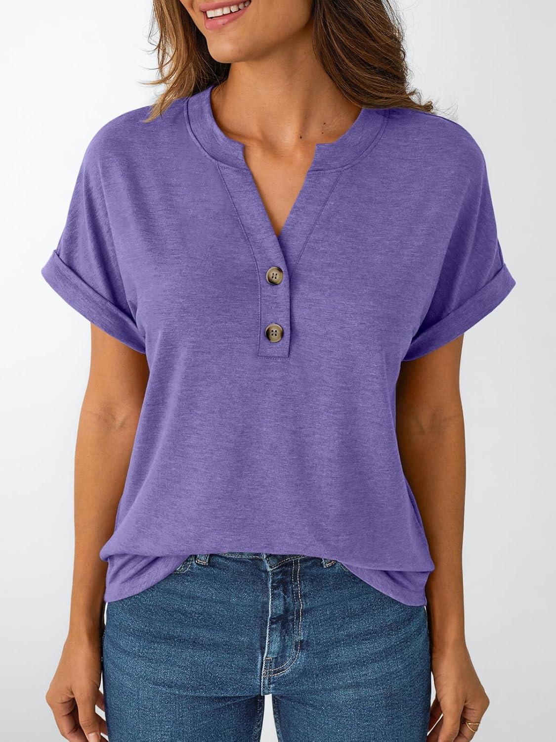 imageAUTOMET Womens Short Sleeve Shirts Henley Dressy Casual Summer Tops 2026 Spring Fashion Trendy Cute TShirtsPurple