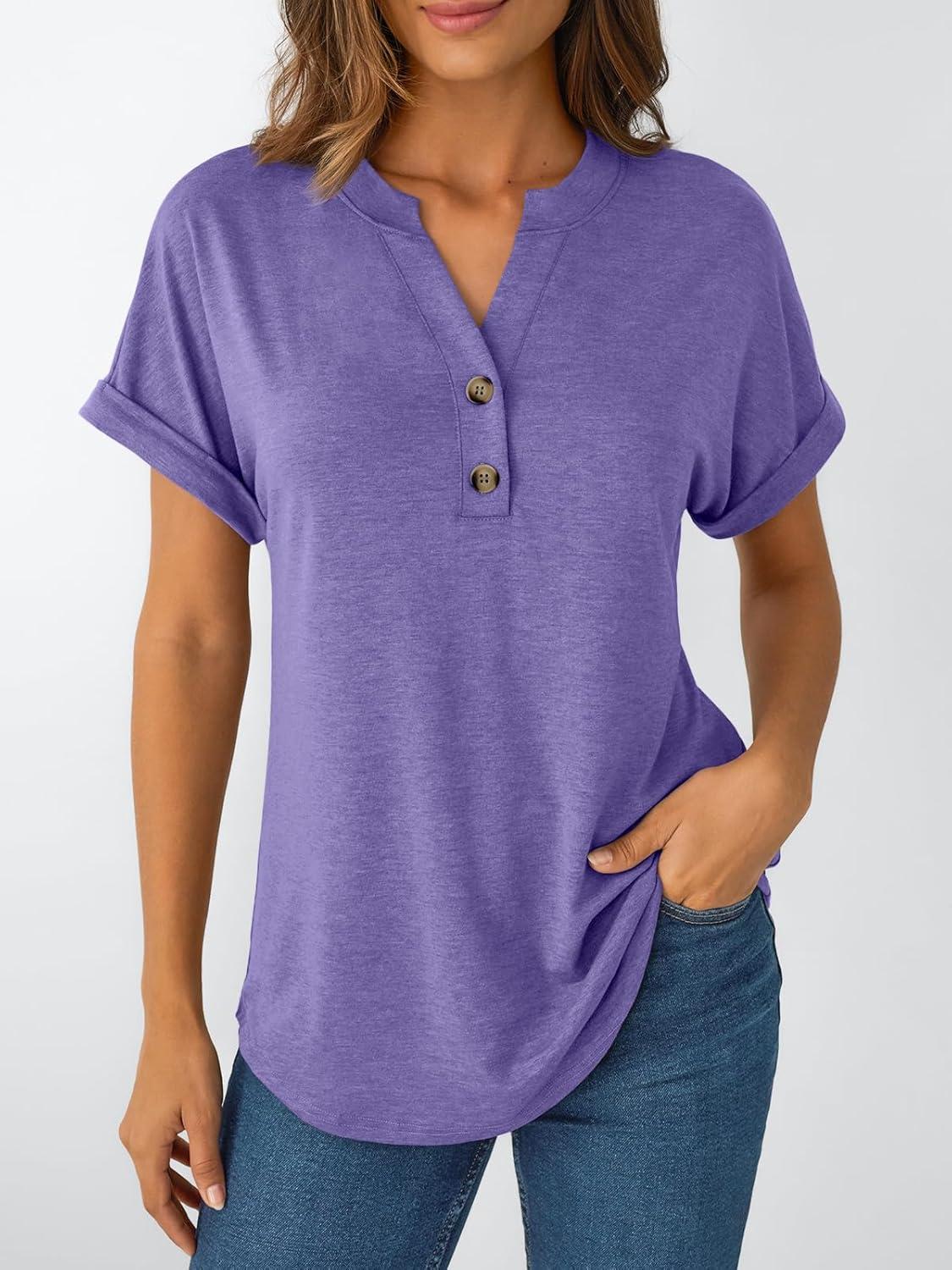 imageAUTOMET Womens Short Sleeve Shirts Henley Dressy Casual Summer Tops 2026 Spring Fashion Trendy Cute TShirtsPurple