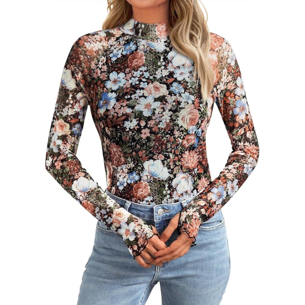 imageAUTOMET Lace Long Sleeve Floral Mesh Mockneck Going Out Tops for Women Fall Fashion Outfits 2025Floral Fierce