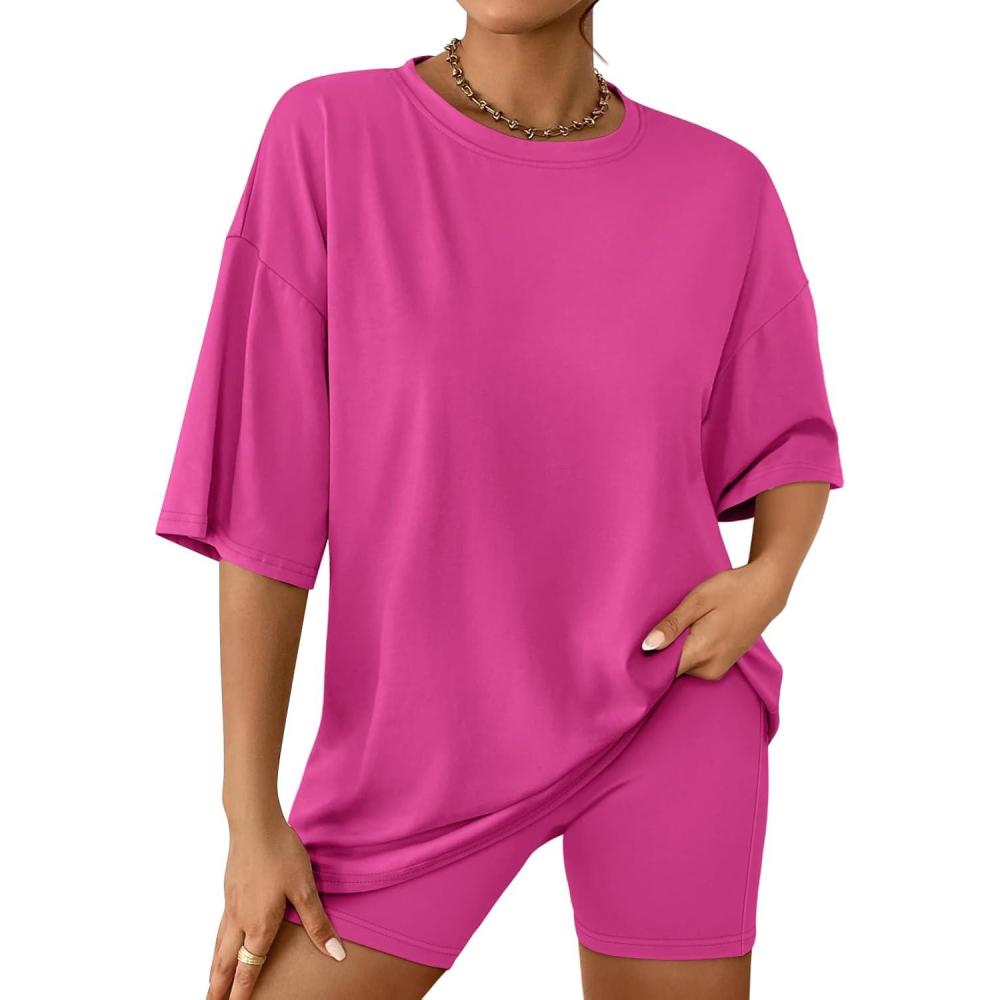 imageAUTOMET Womens 2 Piece Sets Summer Outfits 2025 Two Piece Lounge Set Matching Clothing Oversized Tshirts Biker Short FashionDeeppink