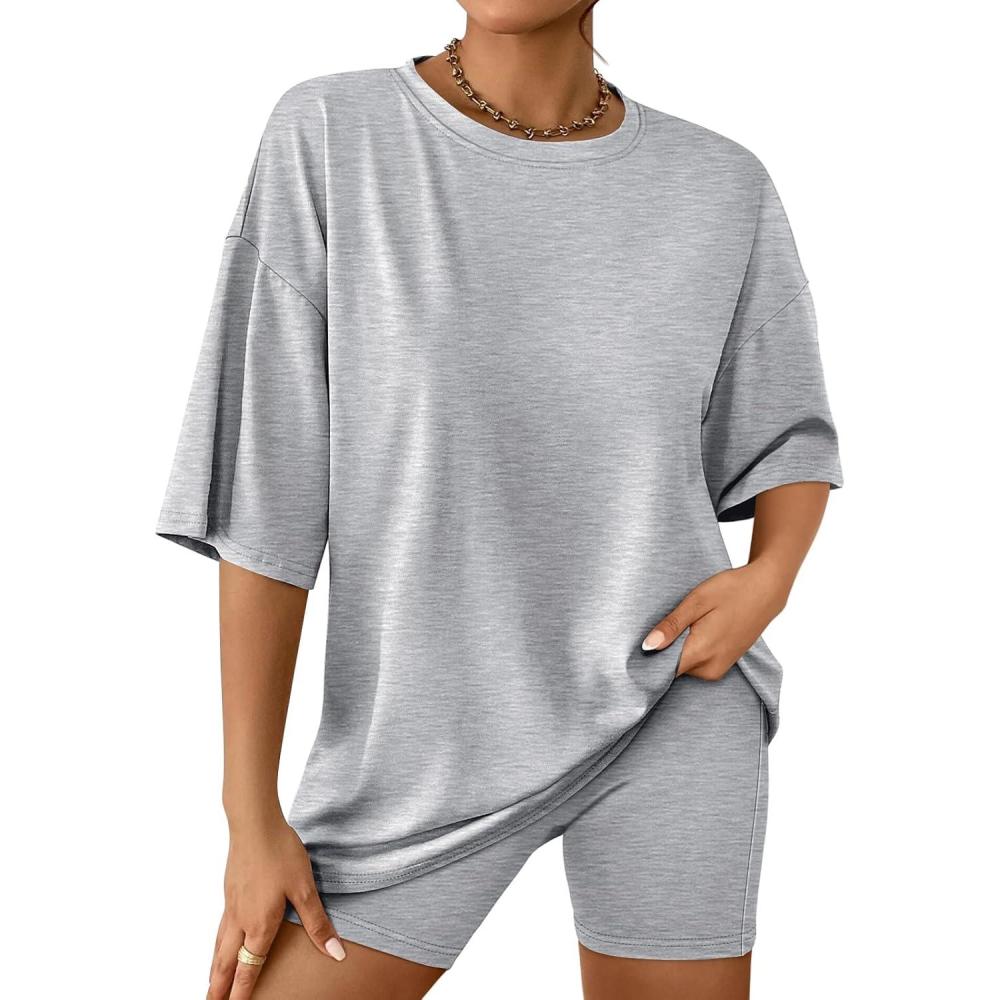 imageAUTOMET Womens 2 Piece Sets Summer Outfits 2025 Two Piece Lounge Set Matching Clothing Oversized Tshirts Biker Short FashionGrey