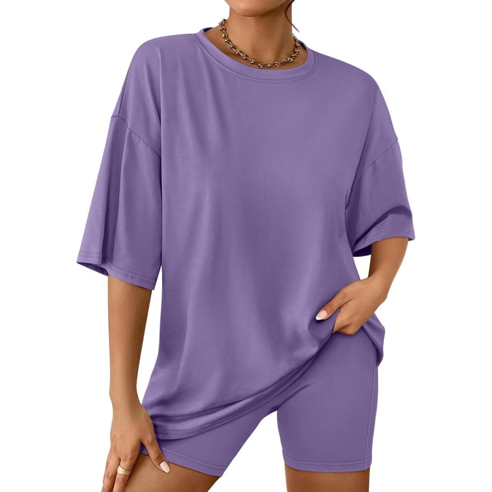 imageAUTOMET Womens 2 Piece Sets Summer Outfits 2025 Two Piece Lounge Set Matching Clothing Oversized Tshirts Biker Short FashionPurple