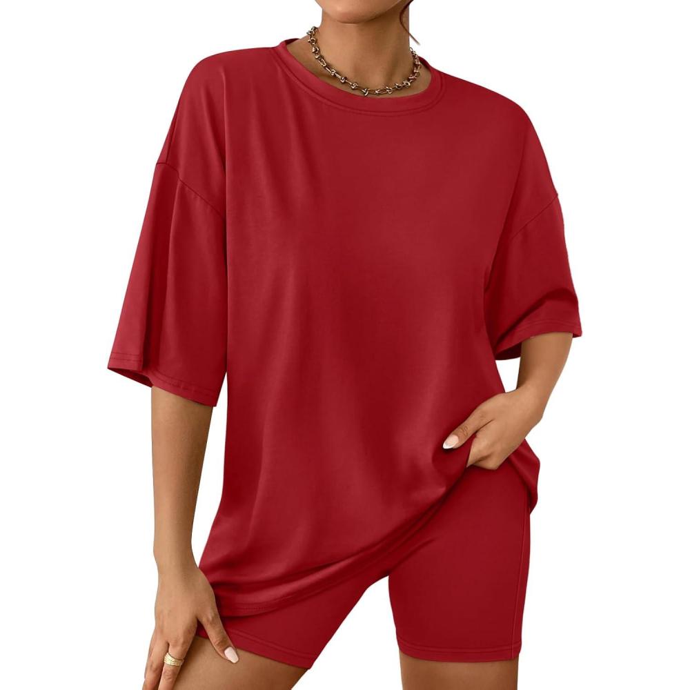 imageAUTOMET Womens 2 Piece Sets Summer Outfits 2025 Two Piece Lounge Set Matching Clothing Oversized Tshirts Biker Short FashionRed