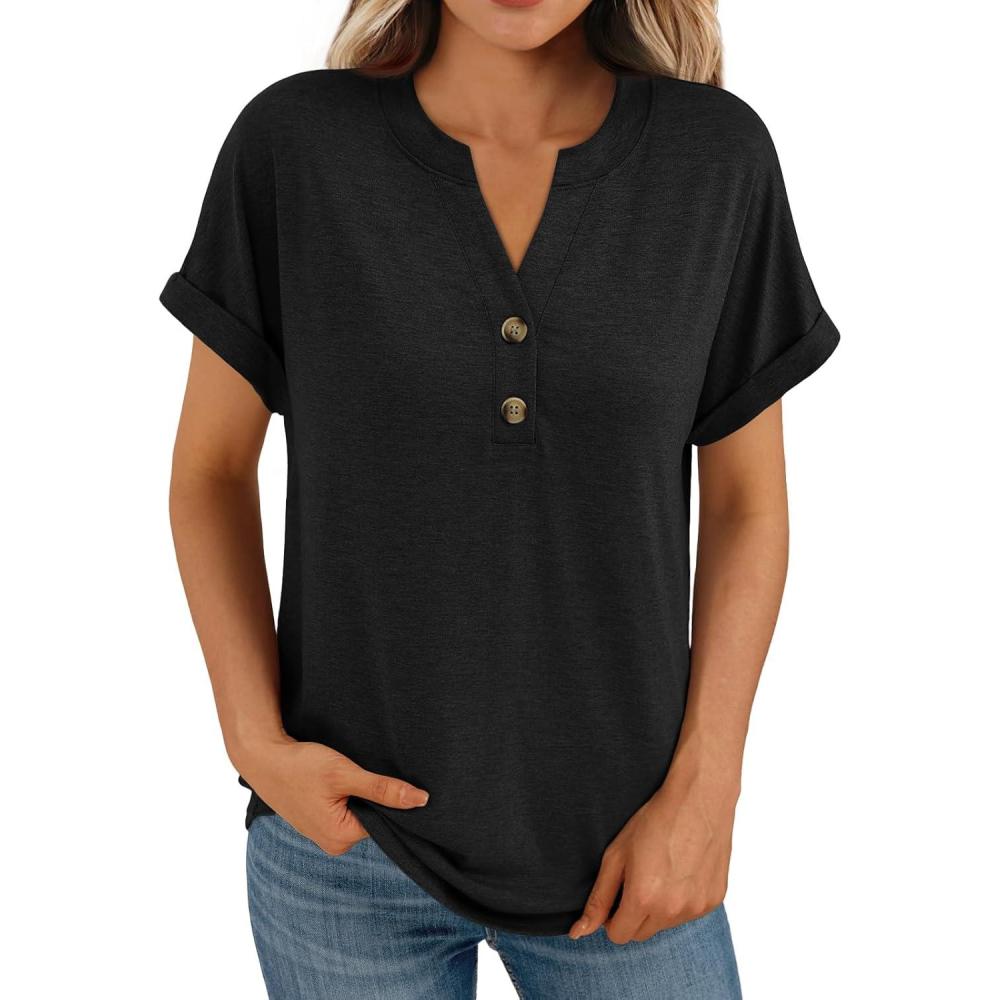imageAUTOMET Womens Short Sleeve Shirts Henley Dressy Casual Summer Tops 2026 Spring Fashion Trendy Cute TShirtsBlack
