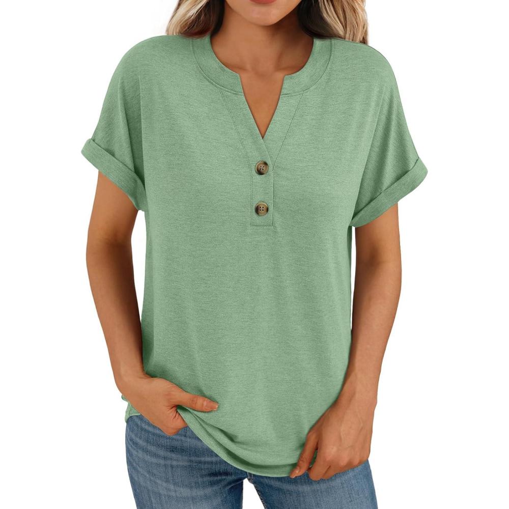 imageAUTOMET Womens Short Sleeve Shirts Henley Dressy Casual Summer Tops 2026 Spring Fashion Trendy Cute TShirtsLight Green
