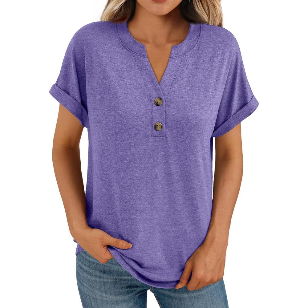 imageAUTOMET Womens Short Sleeve Shirts Henley Dressy Casual Summer Tops 2026 Spring Fashion Trendy Cute TShirtsPurple