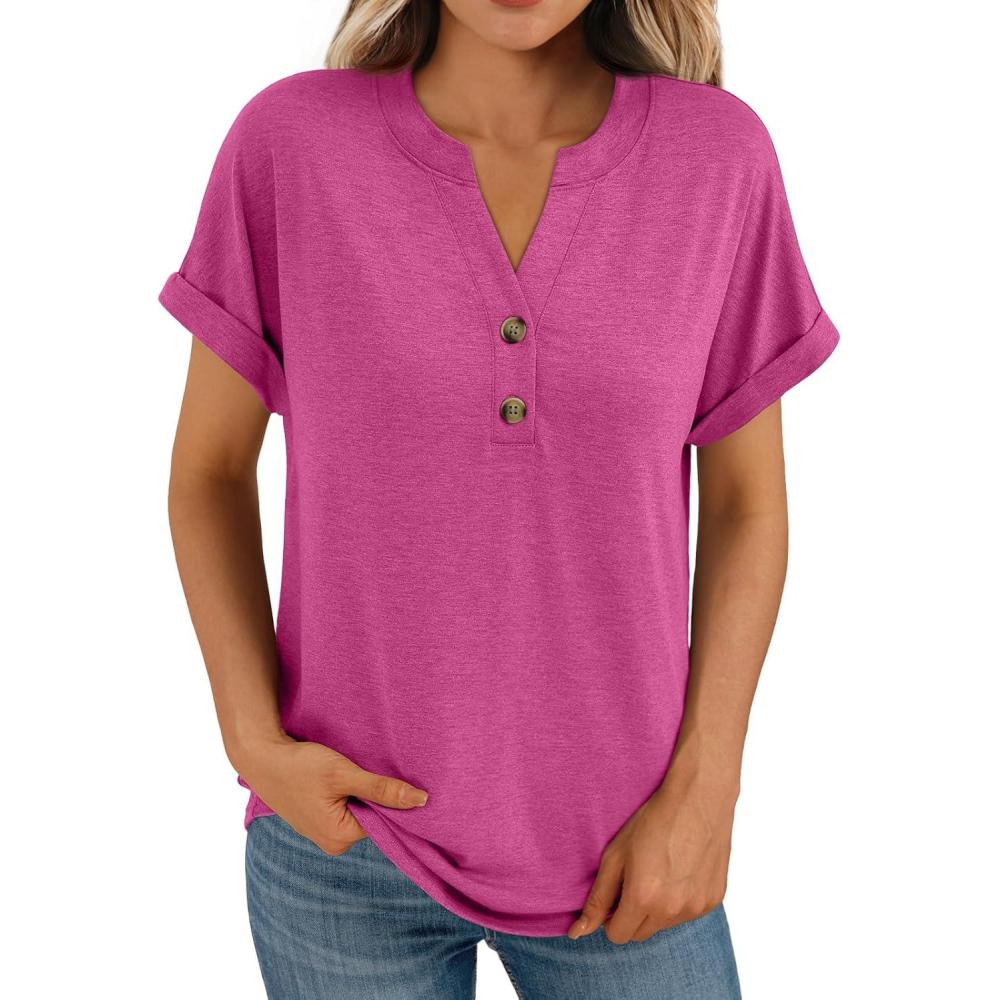 imageAUTOMET Womens Short Sleeve Shirts Henley Dressy Casual Summer Tops 2026 Spring Fashion Trendy Cute TShirtsRose