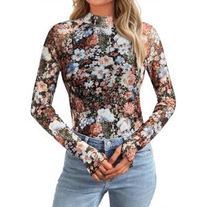 AUTOMET Lace Long Sleeve Floral Mesh Mockneck Going Out Tops for Women Fall Fashion Outfits 2025(Floral Fierce)