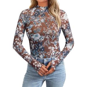 AUTOMET Lace Long Sleeve Floral Mesh Mockneck Going Out Tops for Women Fall Fashion Outfits 2025(Floralbrown)