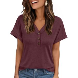 AUTOMET Short Sleeve V Neck T Shirts Womens Cap Sleeve Summer Casual Dressy Tops(Wine)