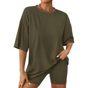 AUTOMET Womens 2 Piece Sets Summer Outfits 2025 Two Piece Lounge Set Matching Clothing Oversized Tshirts Biker Short Fashion(Armygreen)
