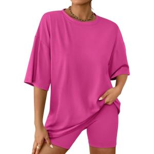 AUTOMET Womens 2 Piece Sets Summer Outfits 2025 Two Piece Lounge Set Matching Clothing Oversized Tshirts Biker Short Fashion(Deeppink)