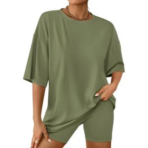 AUTOMET Womens 2 Piece Sets Summer Outfits 2025 Two Piece Lounge Set Matching Clothing Oversized Tshirts Biker Short Fashion(Green)