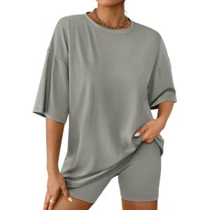 AUTOMET Womens 2 Piece Sets Summer Outfits 2025 Two Piece Lounge Set Matching Clothing Oversized Tshirts Biker Short Fashion(Greygreen)