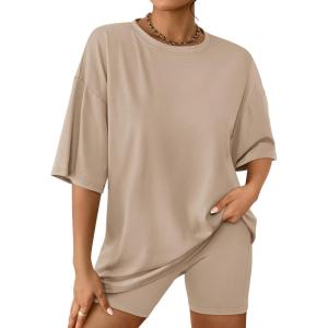 AUTOMET Womens 2 Piece Sets Summer Outfits 2025 Two Piece Lounge Set Matching Clothing Oversized Tshirts Biker Short Fashion(Khaki)