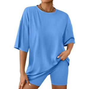 AUTOMET Womens 2 Piece Sets Summer Outfits 2025 Two Piece Lounge Set Matching Clothing Oversized Tshirts Biker Short Fashion(Lightblue)