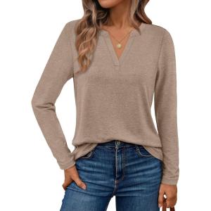 AUTOMET Womens Long Sleeve Shirts Fall Tops 2025 Henley Blouses Dressy Casual Business Basic Tees Trendy Cute T-Shirts(Khaki)