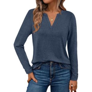 AUTOMET Womens Long Sleeve Shirts Fall Tops 2025 Henley Blouses Dressy Casual Business Basic Tees Trendy Cute T-Shirts(Navyblue)