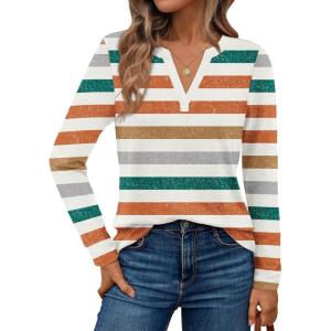 AUTOMET Womens Long Sleeve Shirts Fall Tops 2025 Henley Blouses Dressy Casual Business Basic Tees Trendy Cute T-Shirts(Striped)
