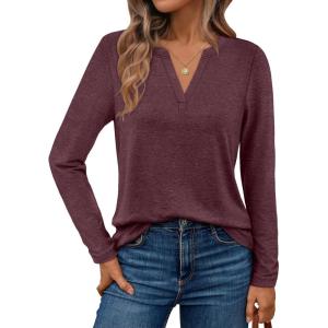 AUTOMET Womens Long Sleeve Shirts Fall Tops 2025 Henley Blouses Dressy Casual Business Basic Tees Trendy Cute T-Shirts(Winered)