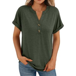 AUTOMET Women’s Short Sleeve Shirts Henley Dressy Casual Summer Tops 2026 Spring Fashion Trendy Cute T-Shirts(Army Green)