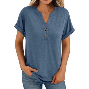 AUTOMET Women’s Short Sleeve Shirts Henley Dressy Casual Summer Tops 2026 Spring Fashion Trendy Cute T-Shirts(Blue)