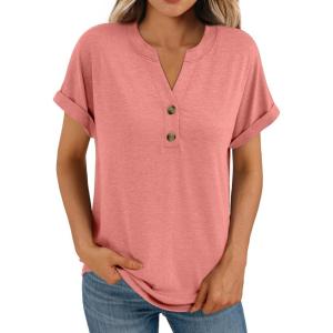 AUTOMET Women’s Short Sleeve Shirts Henley Dressy Casual Summer Tops 2026 Spring Fashion Trendy Cute T-Shirts(Coral)