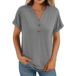 AUTOMET Women’s Short Sleeve Shirts Henley Dressy Casual Summer Tops 2026 Spring Fashion Trendy Cute T-Shirts(Gray)