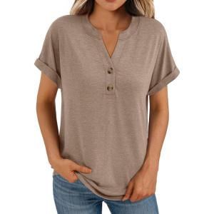 AUTOMET Women’s Short Sleeve Shirts Henley Dressy Casual Summer Tops 2026 Spring Fashion Trendy Cute T-Shirts(Khaki)