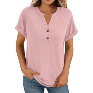 AUTOMET Women’s Short Sleeve Shirts Henley Dressy Casual Summer Tops 2026 Spring Fashion Trendy Cute T-Shirts(Pink)