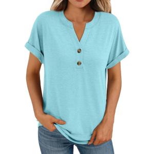 AUTOMET Women’s Short Sleeve Shirts Henley Dressy Casual Summer Tops 2026 Spring Fashion Trendy Cute T-Shirts(Sky)