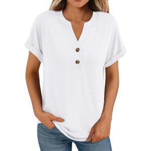 AUTOMET Women’s Short Sleeve Shirts Henley Dressy Casual Summer Tops 2026 Spring Fashion Trendy Cute T-Shirts(White)