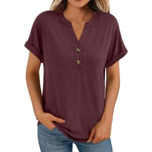 AUTOMET Women’s Short Sleeve Shirts Henley Dressy Casual Summer Tops 2026 Spring Fashion Trendy Cute T-Shirts(Wine)