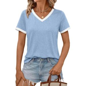 AUTOMET Womens Short Sleeve T-Shirts Summer Tops Casual Soft Tunic V Neck Basic Workout Clothes Spring Fashion Outfits 2025(Blue)