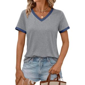 AUTOMET Womens Short Sleeve T-Shirts Summer Tops Casual Soft Tunic V Neck Basic Workout Clothes Spring Fashion Outfits 2025(Bluegrey)