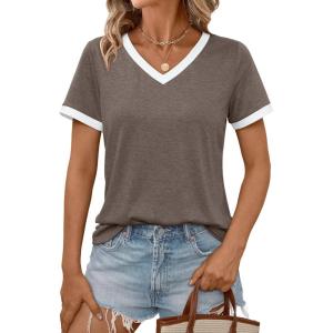 AUTOMET Womens Short Sleeve T-Shirts Summer Tops Casual Soft Tunic V Neck Basic Workout Clothes Spring Fashion Outfits 2025(Coffee)
