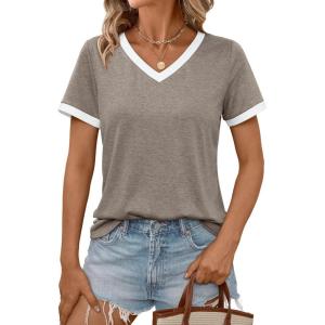 AUTOMET Womens Short Sleeve T-Shirts Summer Tops Casual Soft Tunic V Neck Basic Workout Clothes Spring Fashion Outfits 2025(Coffeegrey)