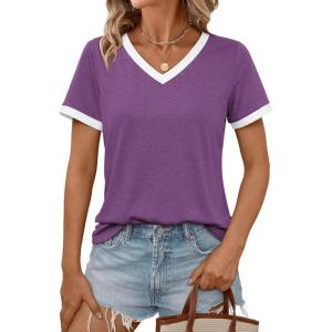 AUTOMET Womens Short Sleeve T-Shirts Summer Tops Casual Soft Tunic V Neck Basic Workout Clothes Spring Fashion Outfits 2025(Deeppurple)