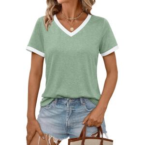AUTOMET Womens Short Sleeve T-Shirts Summer Tops Casual Soft Tunic V Neck Basic Workout Clothes Spring Fashion Outfits 2025(Green)