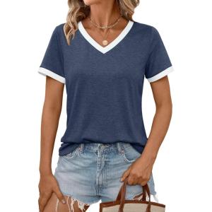 AUTOMET Womens Short Sleeve T-Shirts Summer Tops Casual Soft Tunic V Neck Basic Workout Clothes Spring Fashion Outfits 2025(Navy)