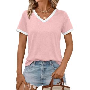 AUTOMET Womens Short Sleeve T-Shirts Summer Tops Casual Soft Tunic V Neck Basic Workout Clothes Spring Fashion Outfits 2025(Pink)