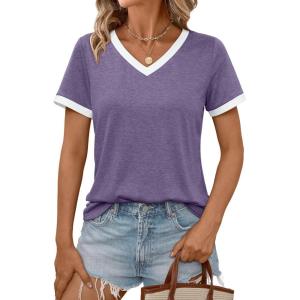 AUTOMET Womens Short Sleeve T-Shirts Summer Tops Casual Soft Tunic V Neck Basic Workout Clothes Spring Fashion Outfits 2025(Purple)