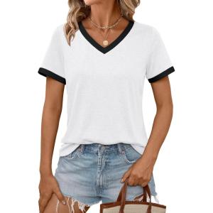 AUTOMET Womens Short Sleeve T-Shirts Summer Tops Casual Soft Tunic V Neck Basic Workout Clothes Spring Fashion Outfits 2025(White)