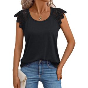 AUTOMET Womens Tops Casual Dressy Lace Summer Tee 2025 Cap Sleeve T Shirts Cute Basic Trendy Fashion Spring Outfits(Black)