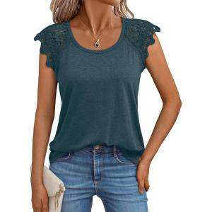 AUTOMET Womens Tops Casual Dressy Lace Summer Tee 2025 Cap Sleeve T Shirts Cute Basic Trendy Fashion Spring Outfits(Darkgreen)