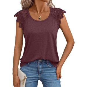 AUTOMET Womens Tops Casual Dressy Lace Summer Tee 2025 Cap Sleeve T Shirts Cute Basic Trendy Fashion Spring Outfits(Winered)